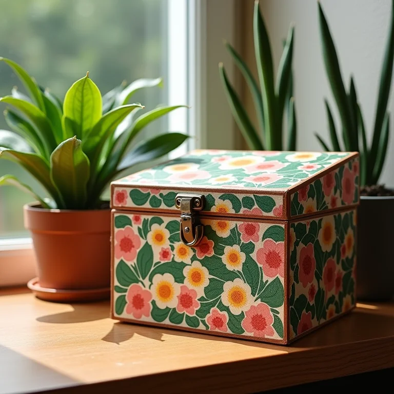 Caixa de MDF decorada com decoupage em estante com plantas