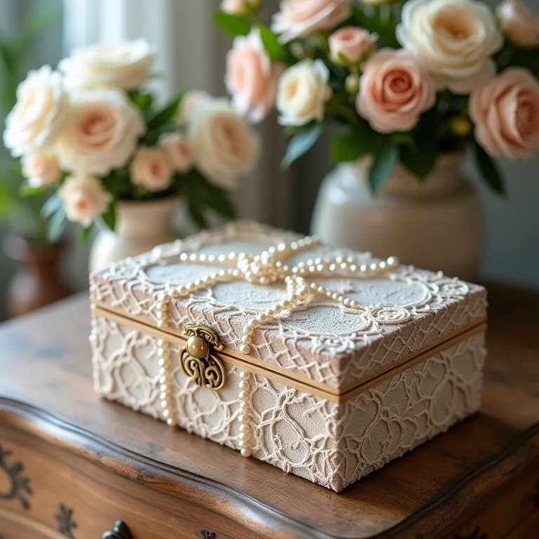 Caixa elegante decorada com renda e pérolas