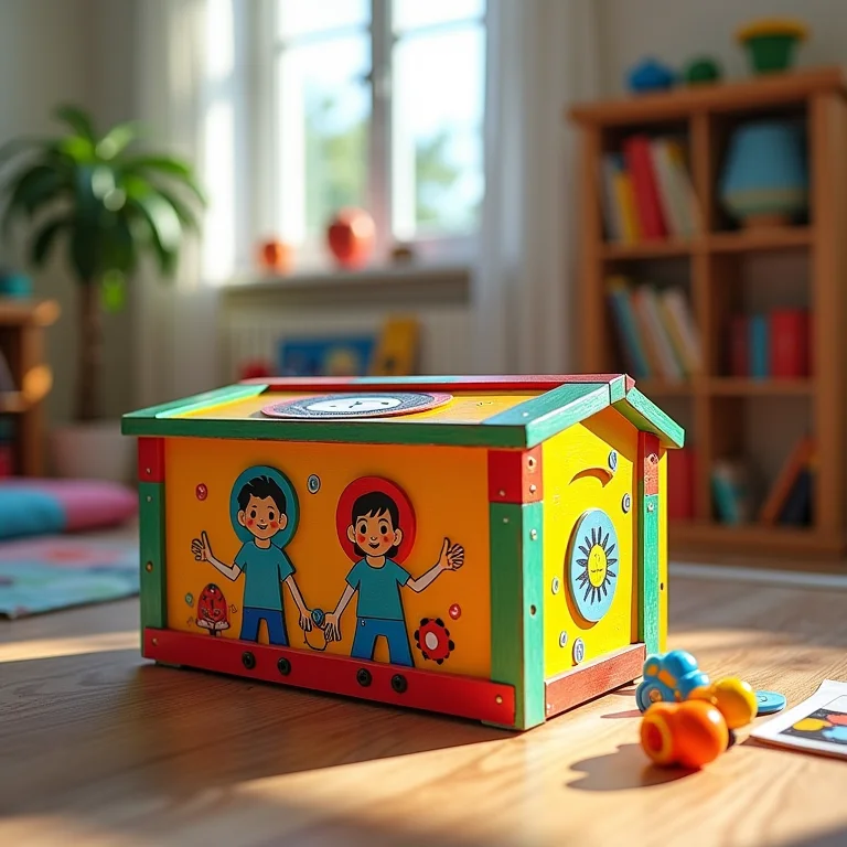 Caixa infantil decorada com personagens coloridos