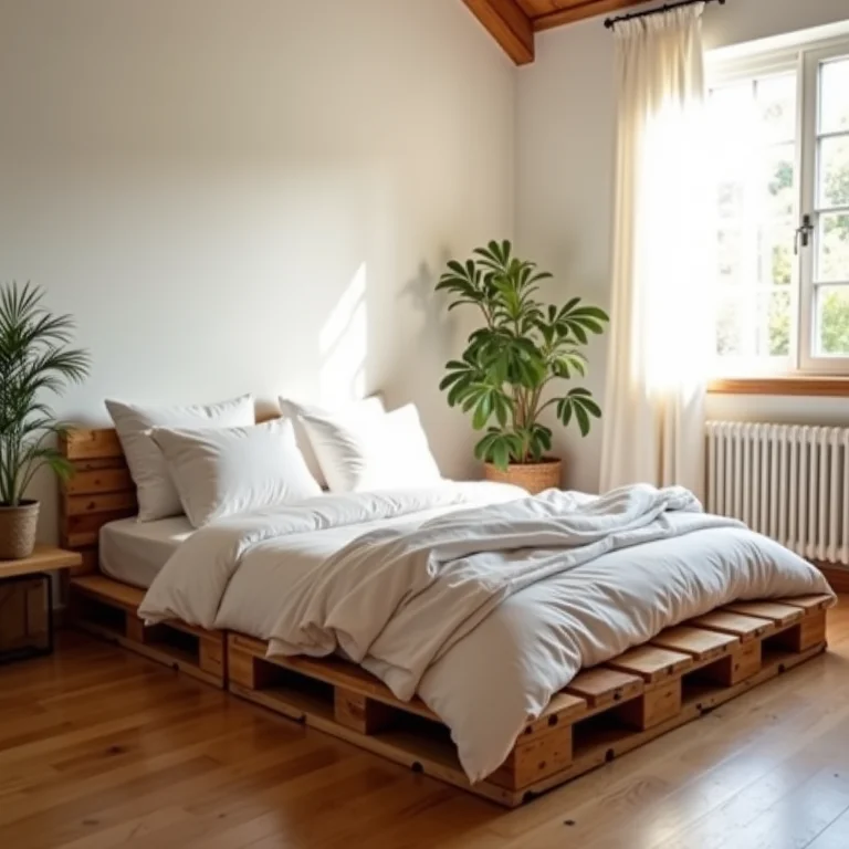 Cama de pallet com roupa de cama de algodão cru em quarto ensolarado