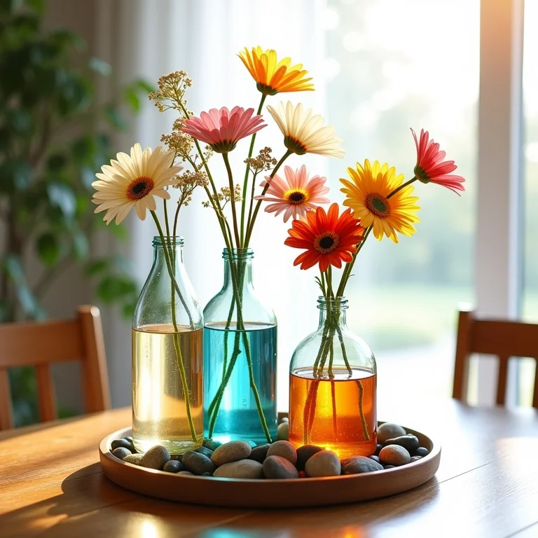 Centro de mesa criativo feito com garrafas decoradas