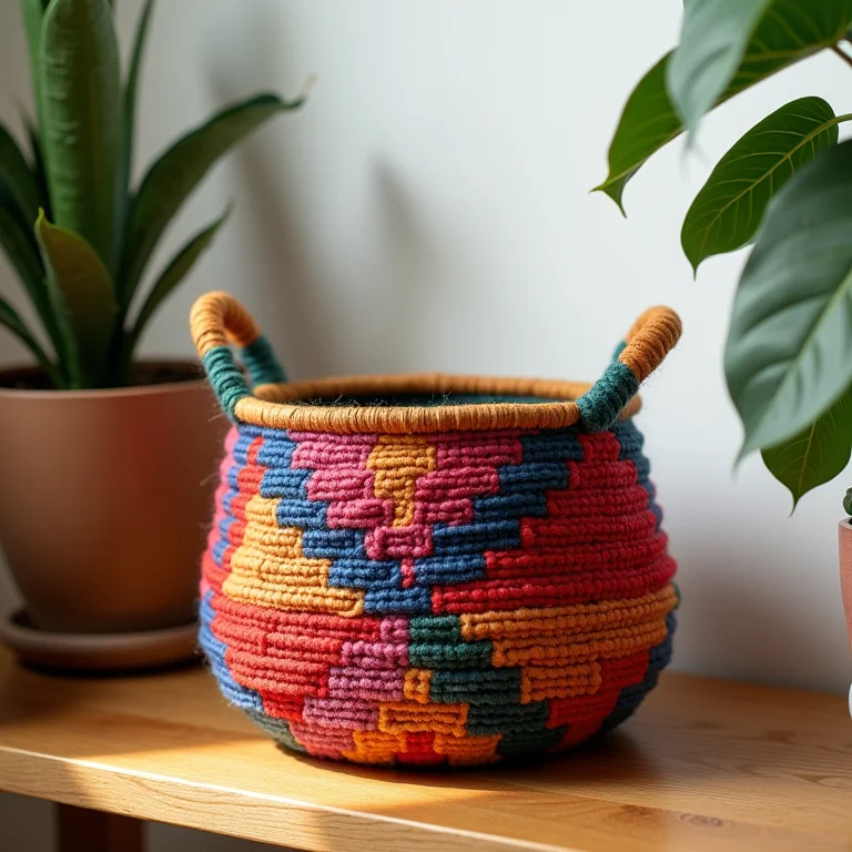Cesto de barbante colorido em prateleira de madeira.