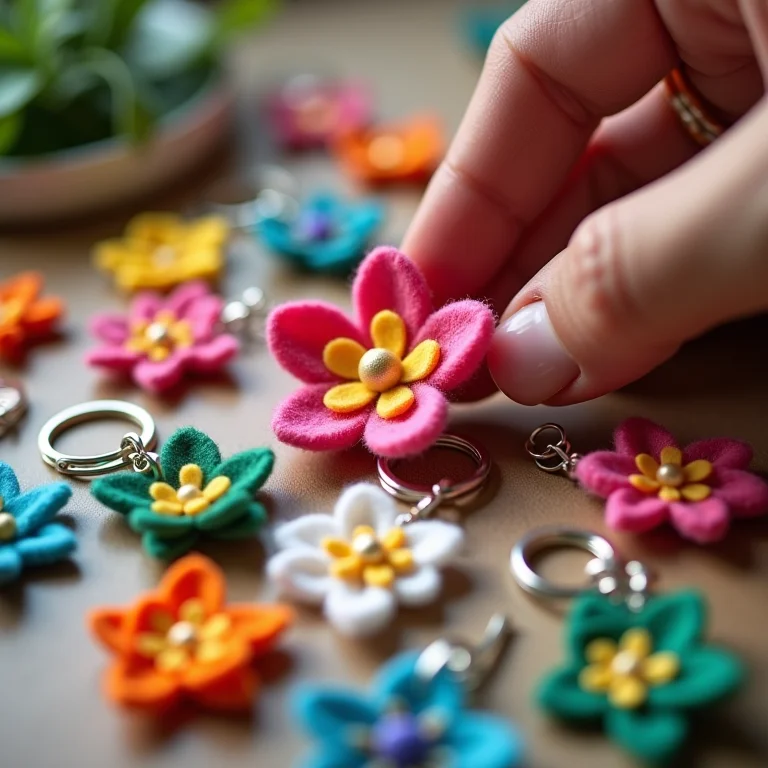 Chaveiros personalizados com flores de feltro sendo montados para lembrancinha da primavera