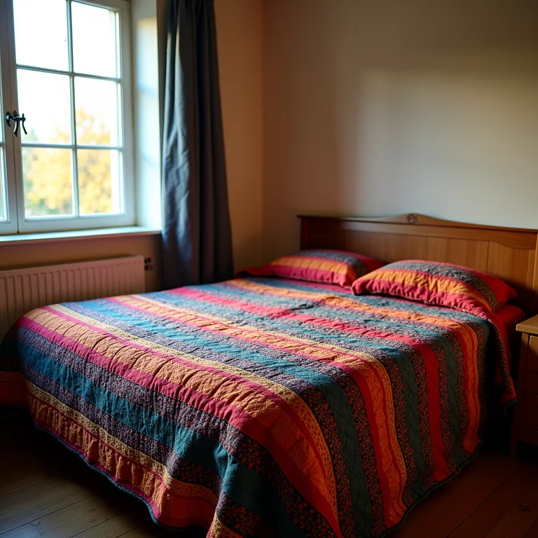 Colcha de fuxico artesanal cobrindo cama em quarto aconchegante