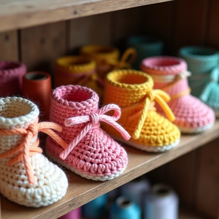 Coleção de botinhas de crochê coloridas.