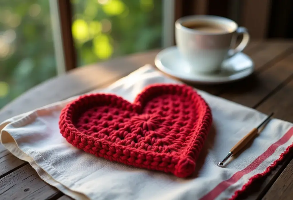 Coração de crochê feito à mão em tecido chita