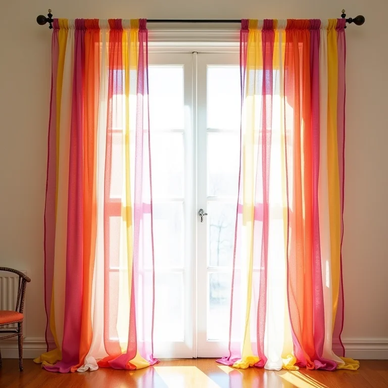 Cortina artesanal feita com tiras de tecido coloridas