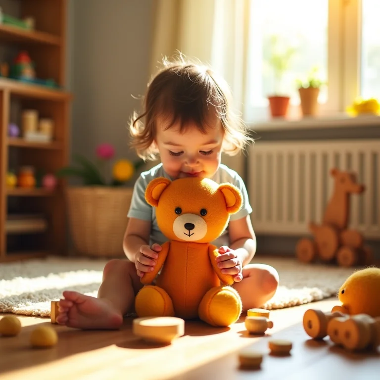 Criança brincando com ursinho de feltro artesanal