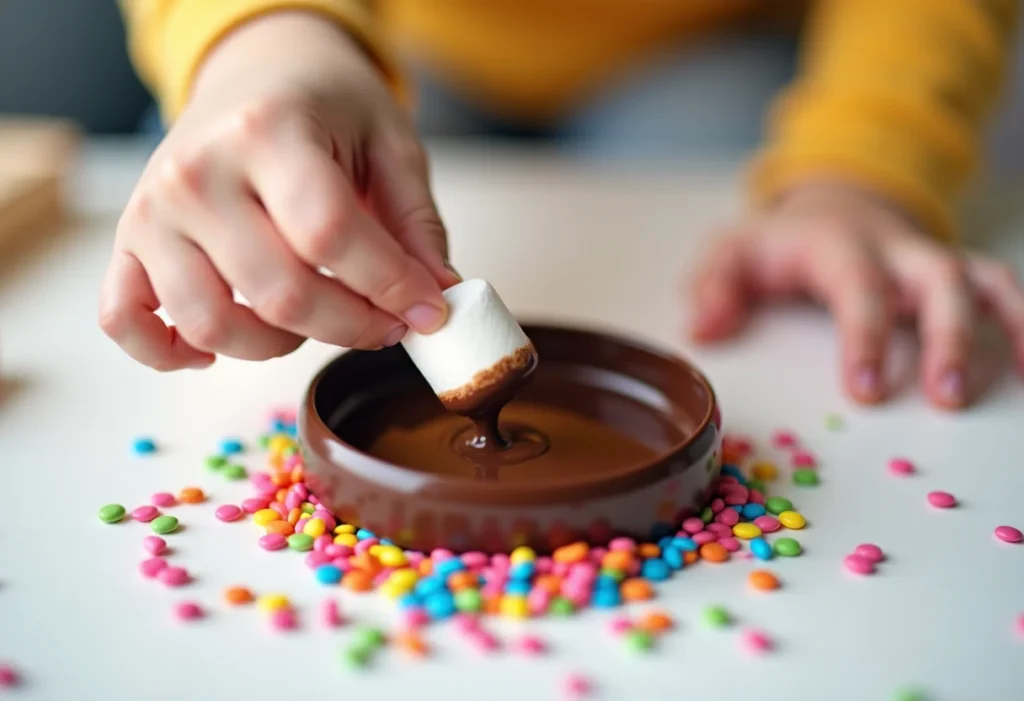 Criança decorando marshmallow com chocolate e confeitos coloridos