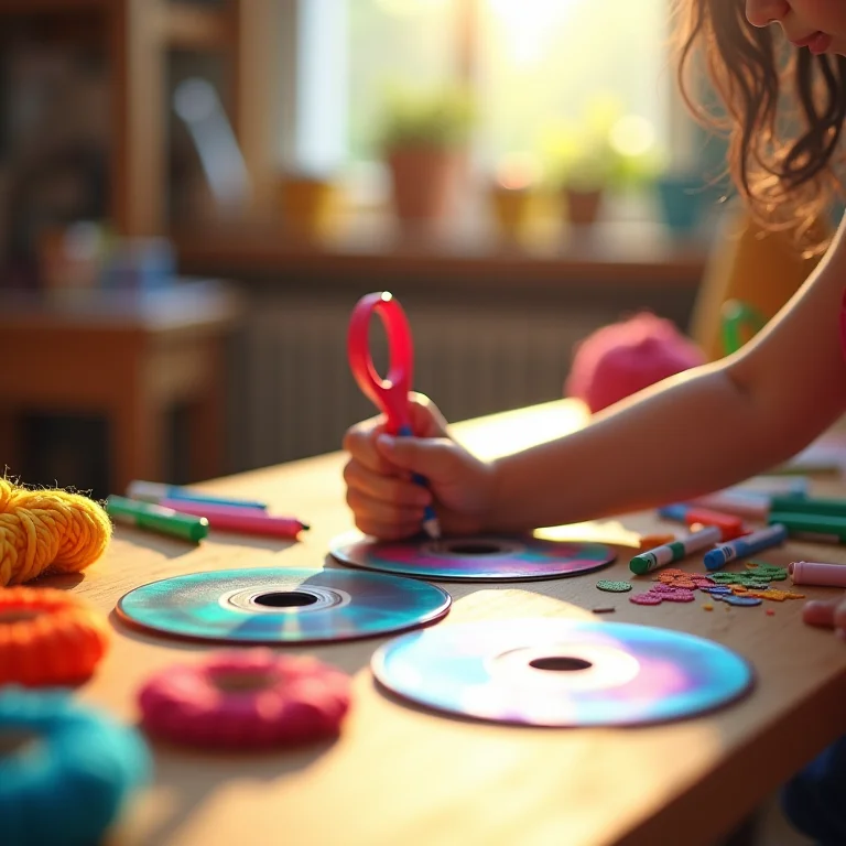 Criança indígena fazendo artes com CD reciclado