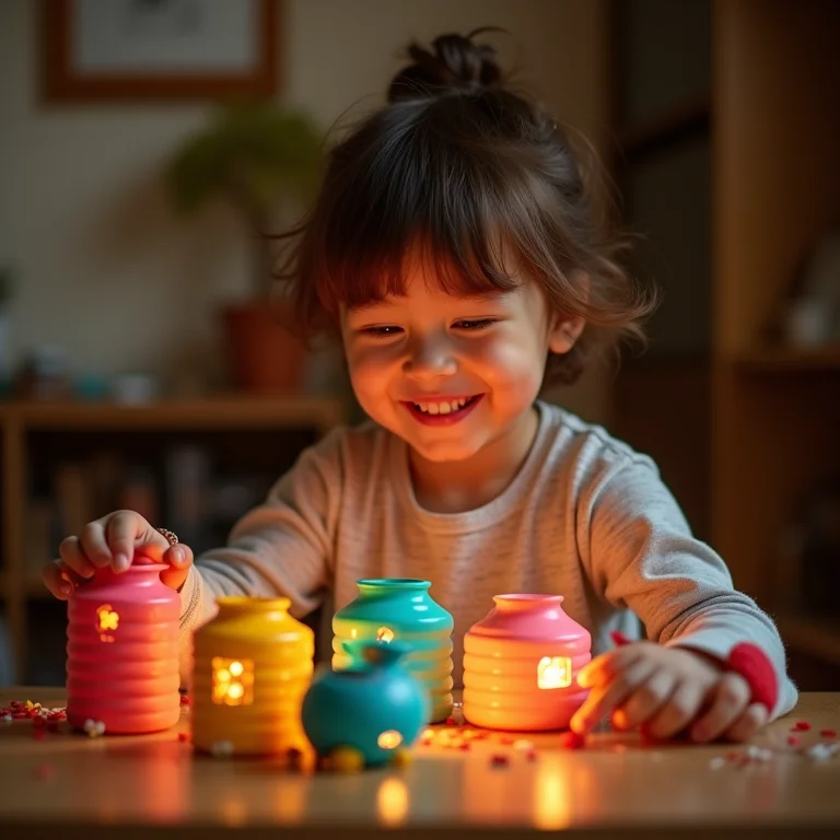 Criança sorrindo brincando com brinquedos feitos de latas de leite decoradas.