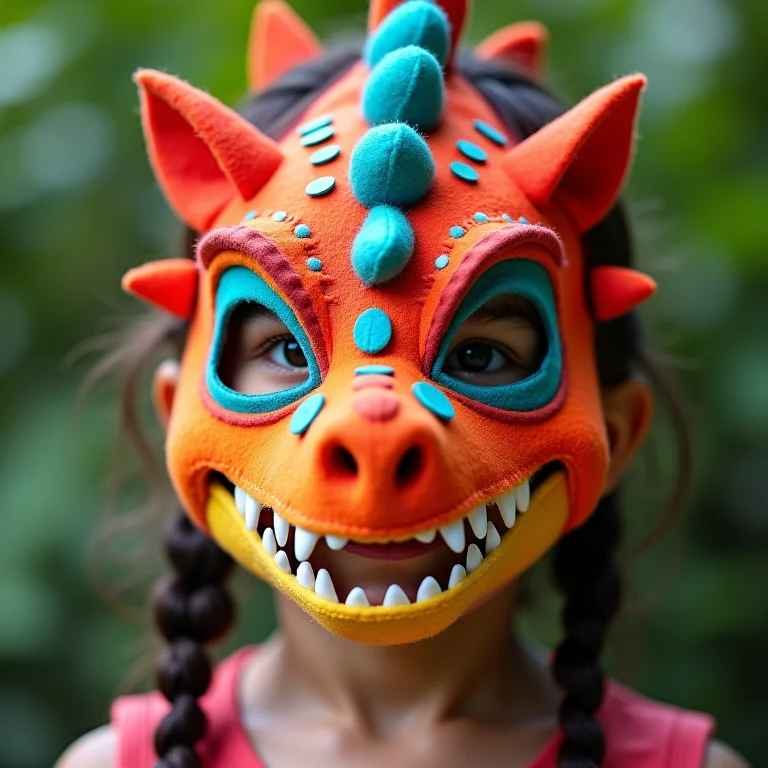 Criança usando máscara de dinossauro feita de feltro, ideia de lembrancinha.