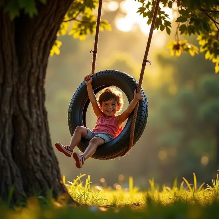 Crianças brincando em balanço de pneu
