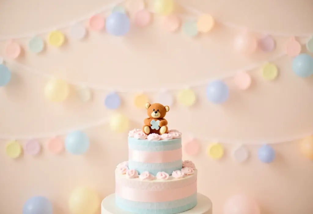 Decoração Chá de Fraldas: Ideias criativas e fáceis de fazer Decoração completa de chá de fraldas em tons pastel com bolo de fraldas e ursinhos