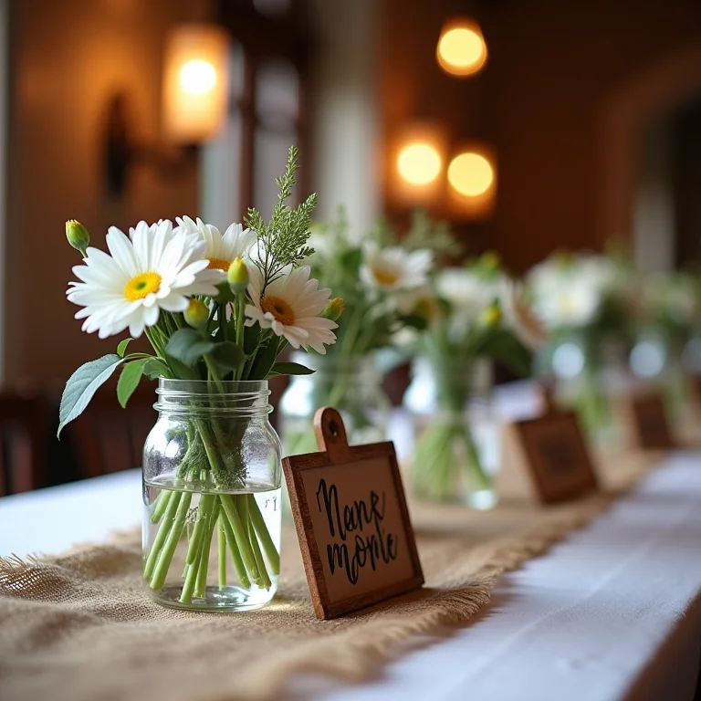 Decoração rústica e romântica para noivado com flores e juta