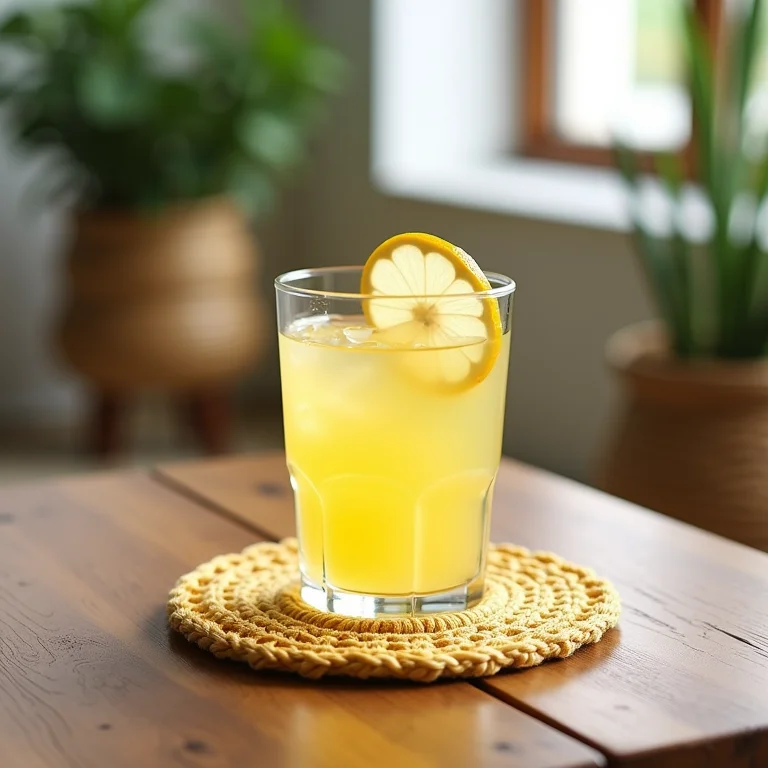 Descanso de copo de crochê pronto em mesa de madeira com limonada