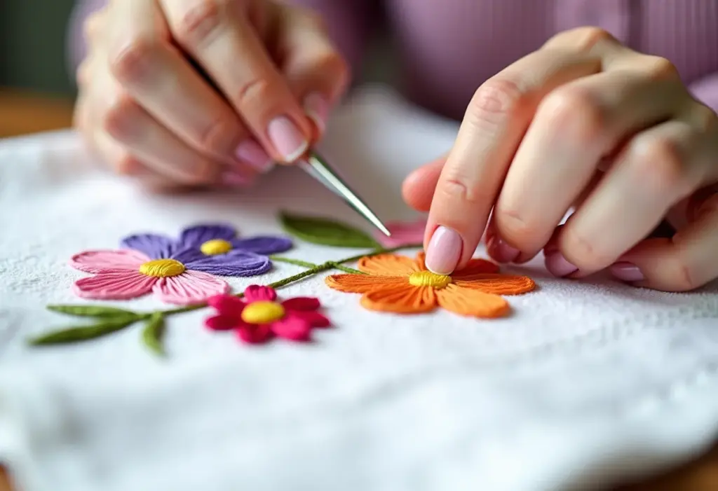 Ponto Cruz em toalha de banho: guia para um acabamento perfeito Detalhe de mãos bordando ponto cruz em toalha de banho branca com flores coloridas