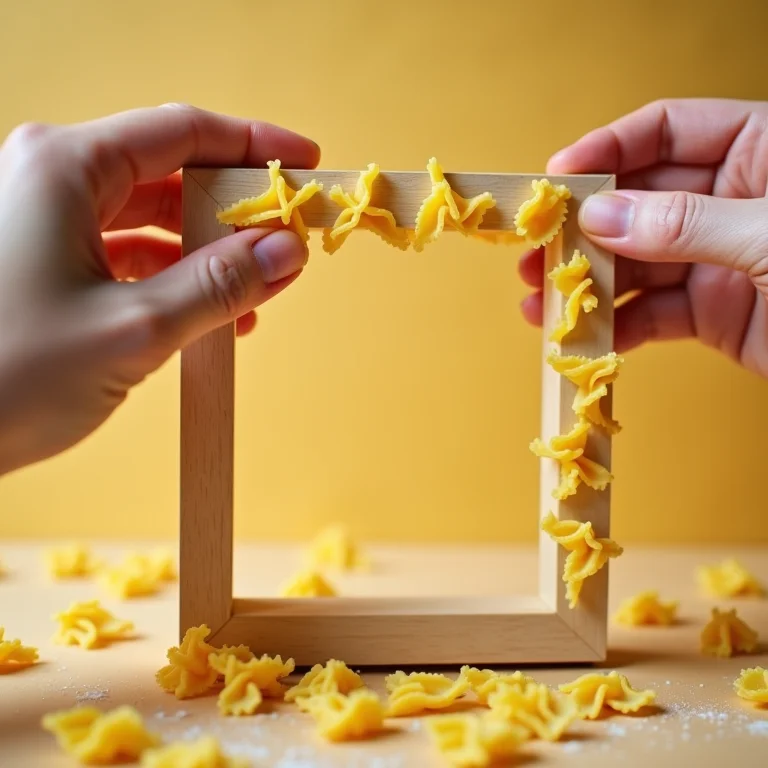 Detalhe de mãos decorando porta-retrato com macarrão