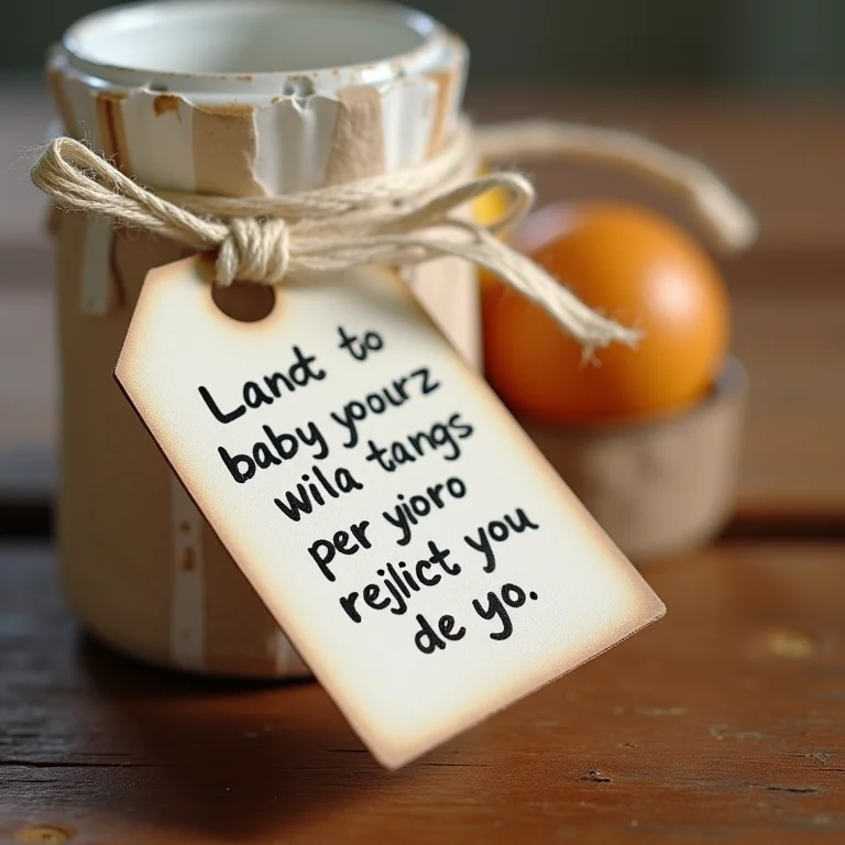 Detalhe de um tag artesanal com mensagem especial anexado a uma lembrancinha de chá de bebê