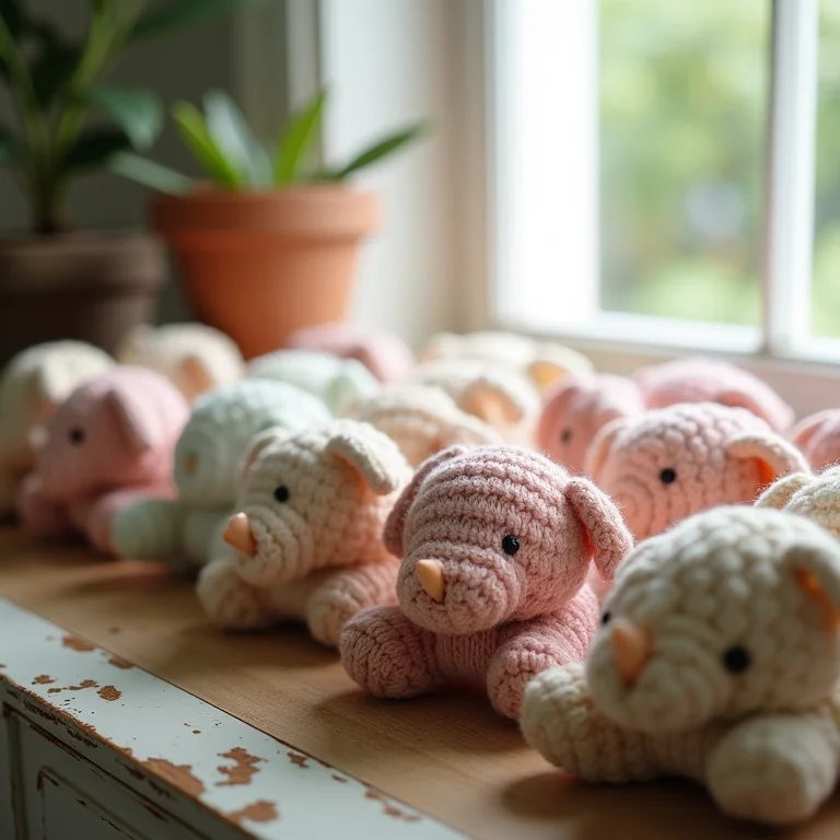 Diversas lembrancinhas de chá de bebê artesanais sobre uma cômoda antiga de madeira