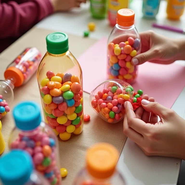 Embalagens criativas para doces feitas com garrafa PET e recheadas de balas coloridas.