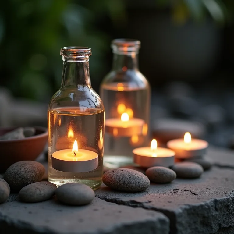 Enfeite de mesa com garrafas, água e velas flutuantes