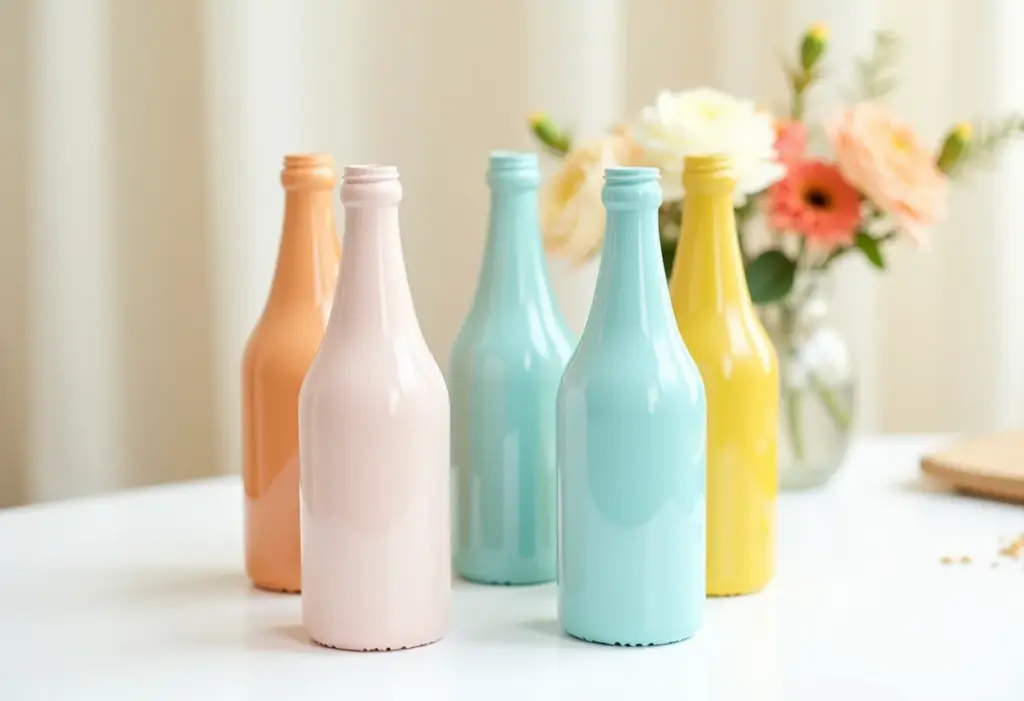 Enfeite de mesa com garrafa: 7 ideias incríveis (e fáceis!) Enfeite de mesa com garrafas pintadas em tons pastel