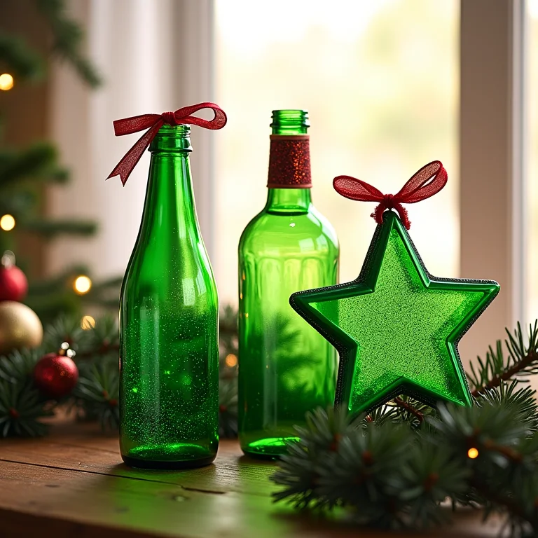 Enfeites de Natal feitos com garrafa PET verde em formato de estrelas e sinos com glitter.