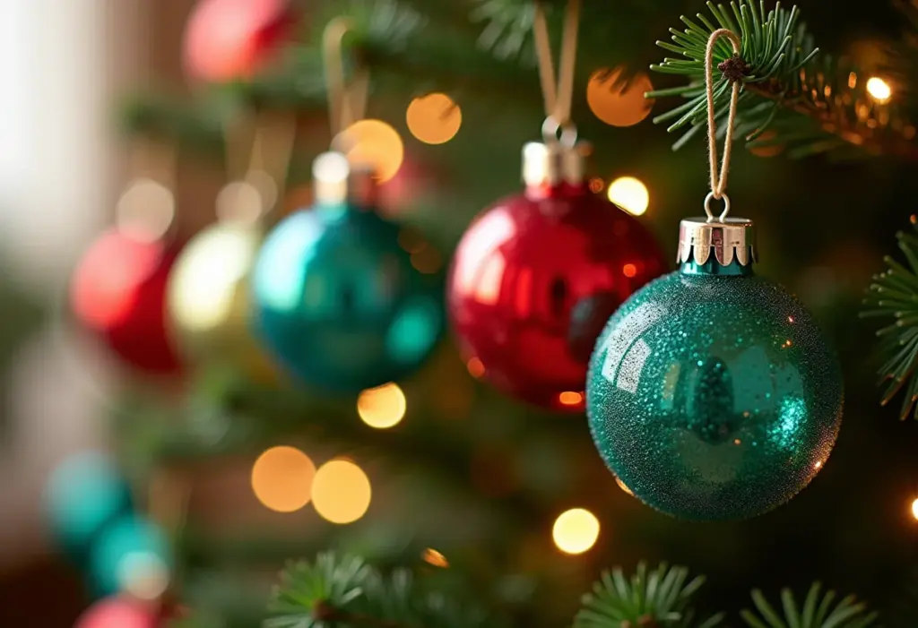 Enfeites de Natal feitos com garrafas PET recicladas pendurados em árvore de Natal