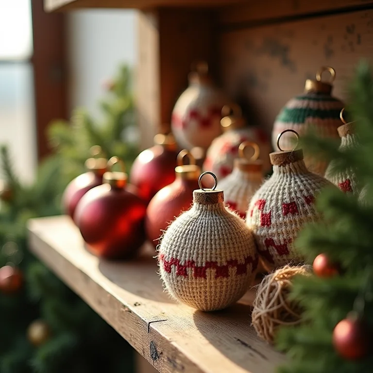 Enfeites de natal reciclados decorando estante de madeira
