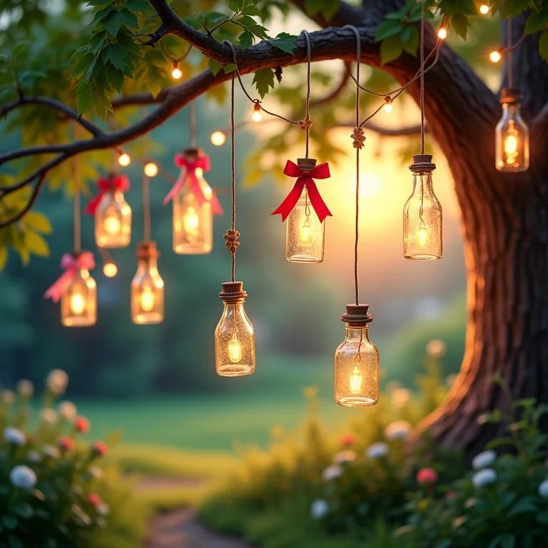 Enfeites suspensos feitos de garrafas decoradas no jardim