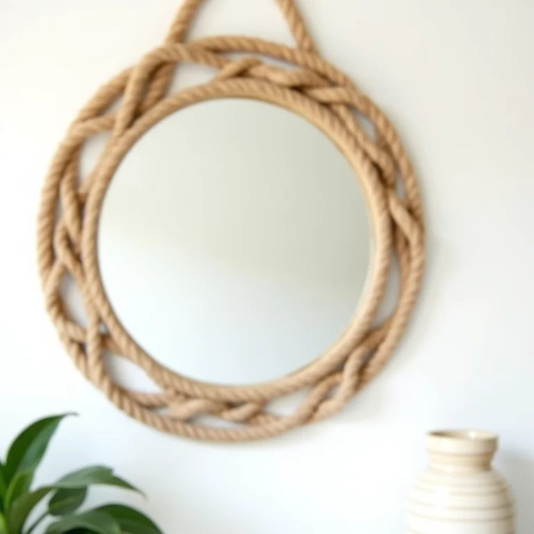 Espelho com revestimento de corda na parede