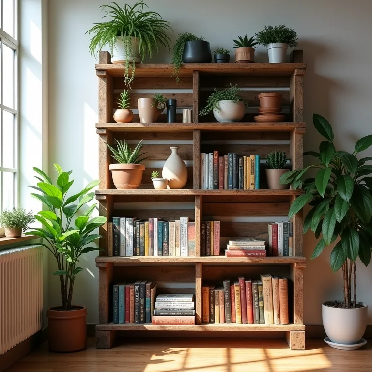Estante de pallet com plantas e cerâmicas artesanais em estilo industrial
