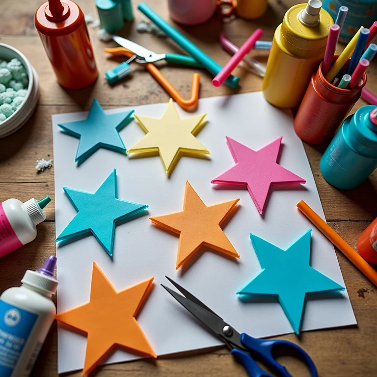 Estrelas de Natal feitas com canudos de plástico coloridos em mesa de artesanato
