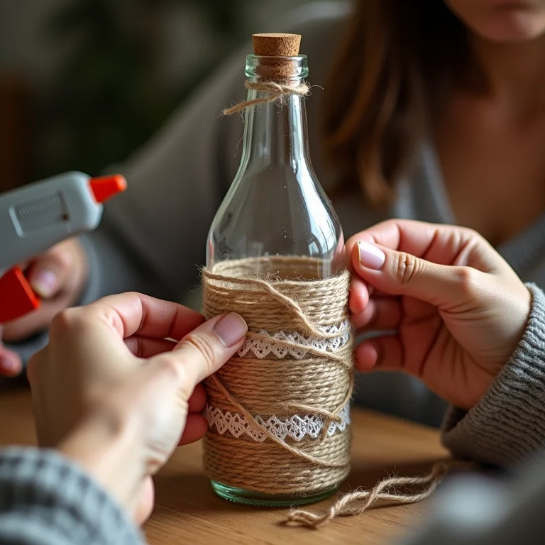 Garrafa decorada com barbante e detalhes em renda