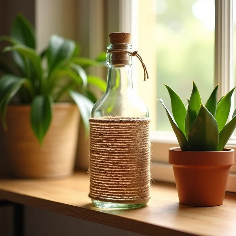 Garrafa decorada com corda de sisal em estante de madeira.