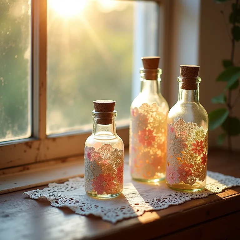 Garrafas decoradas com renda e tecido em máquina de costura vintage.