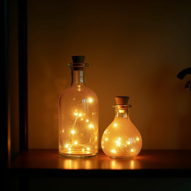 Garrafas iluminadas com luzes de LED em prateleira de madeira.