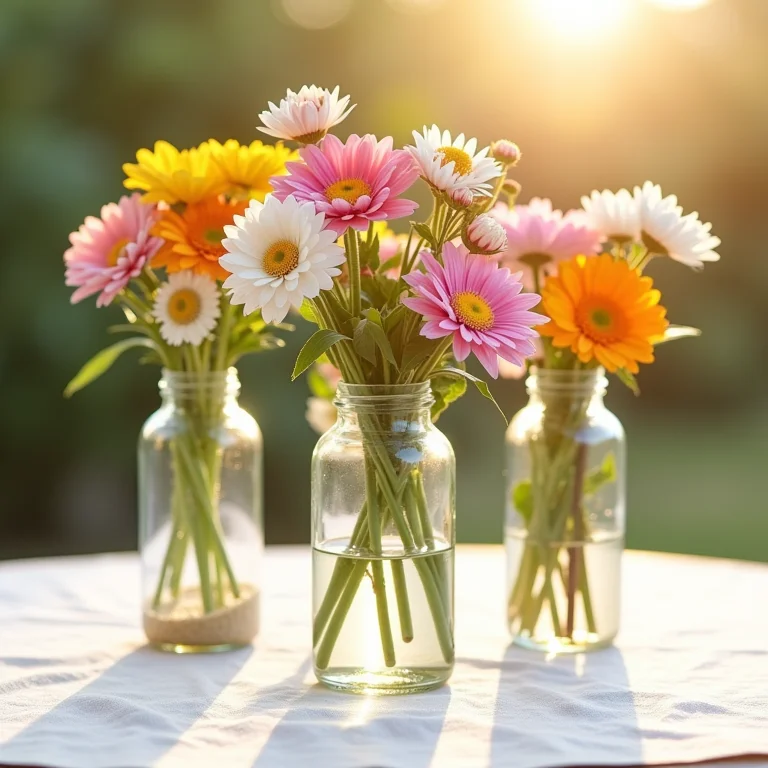 Garrafas transformadas em vasos de flores coloridas.