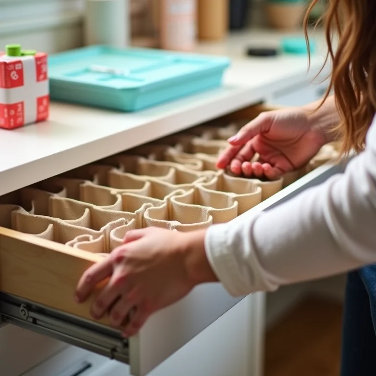 Gaveta organizada com divisórias feitas de caixas de leite recicladas