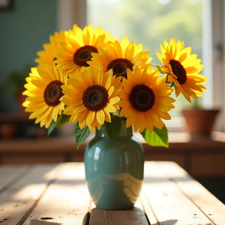 Girassóis de papel de seda coloridos decorando cozinha brasileira.