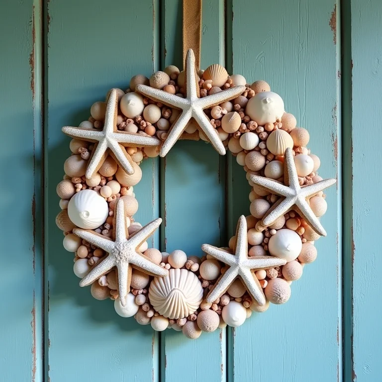 Guirlanda de conchas e estrelas do mar decorando porta de madeira