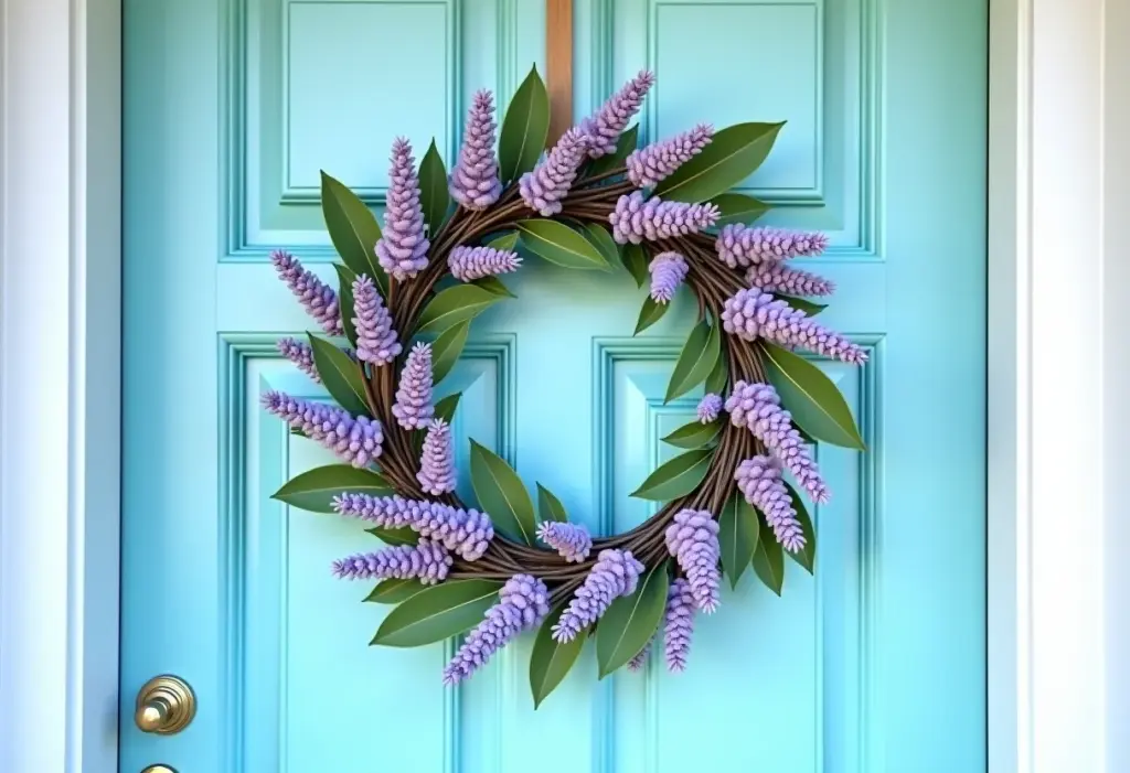 Guirlanda de flores secas e lavanda decorando porta azul