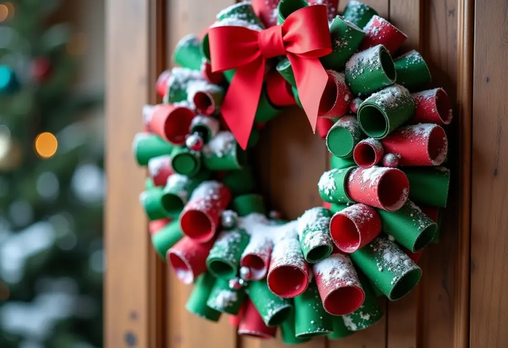 Guirlanda de Natal feita com rolos de papel higiênico reciclados pendurada na porta