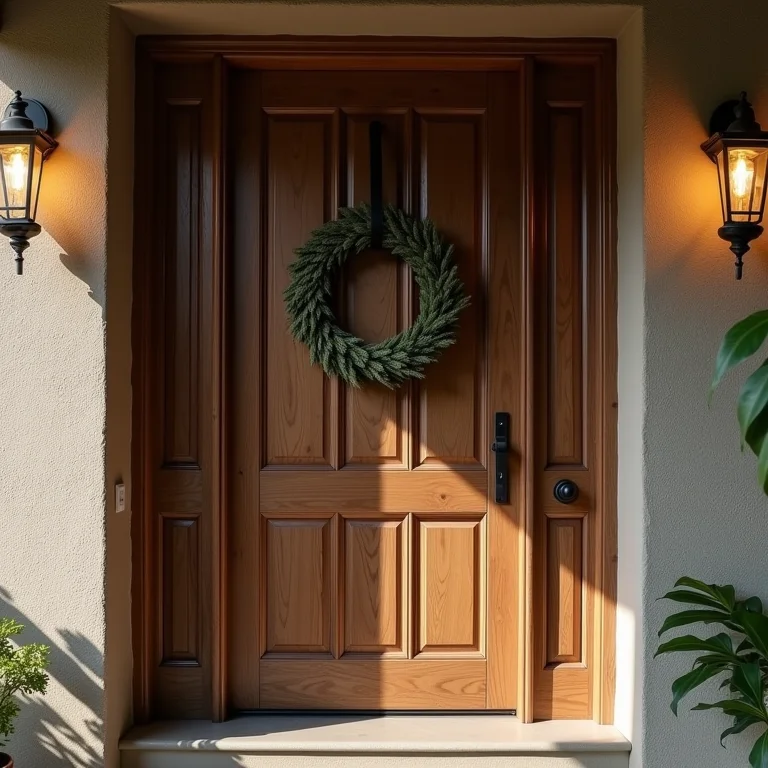 Guirlanda moderna em porta rústica, contraste de estilos