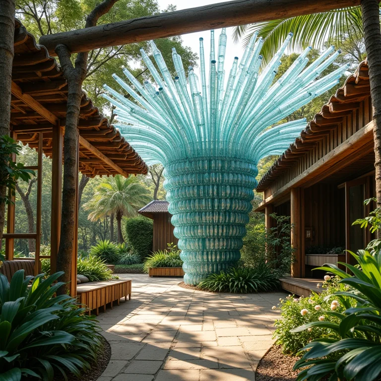 Instalação de arte sustentável com garrafas PET recicladas