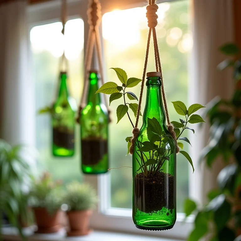 Jardim suspenso criativo feito de garrafas recicladas penduradas no teto.