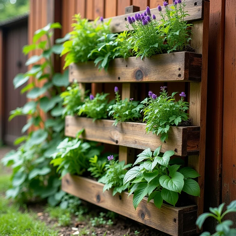 Jardim vertical de pallet com ervas e flores em ambiente externo