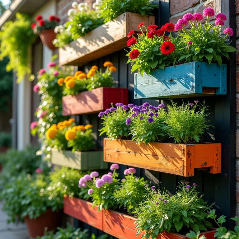 Jardim vertical feito com caixas de feira pintadas