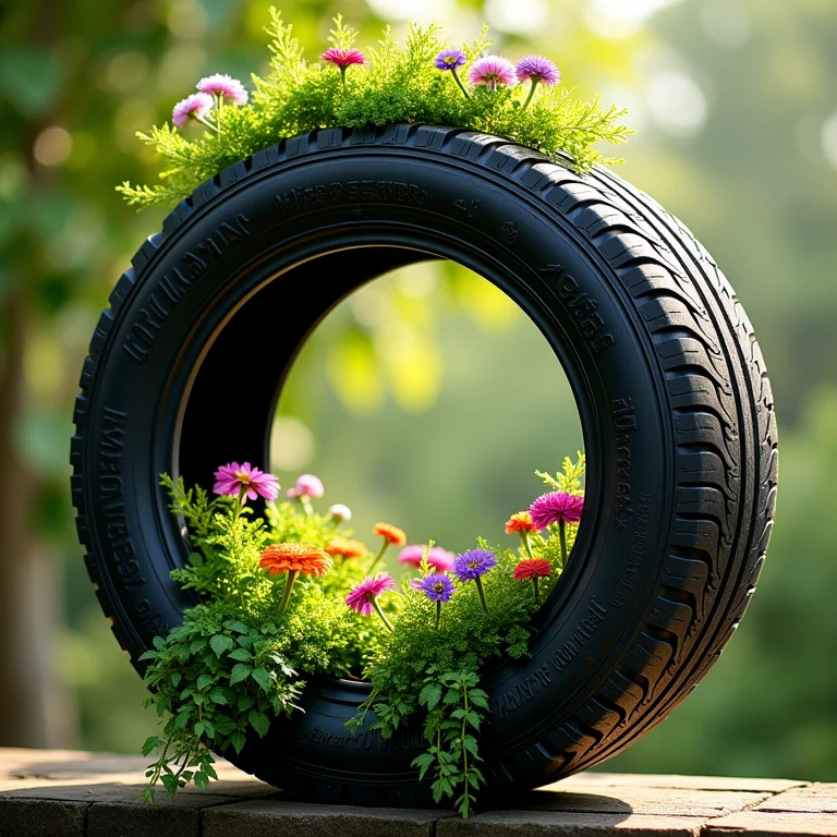 Jardim vertical feito com pneus reciclados